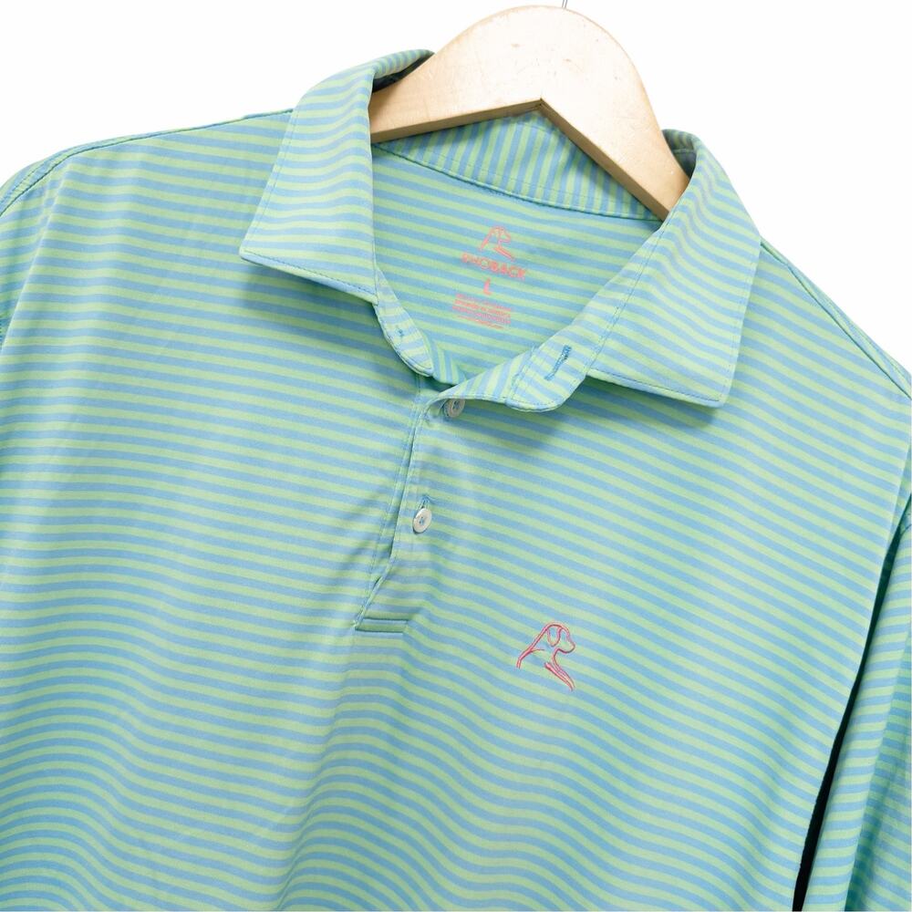 Rhoback Birdie Stripe Short Sleeve Polo Palm Green Maritime Blue Sz L
